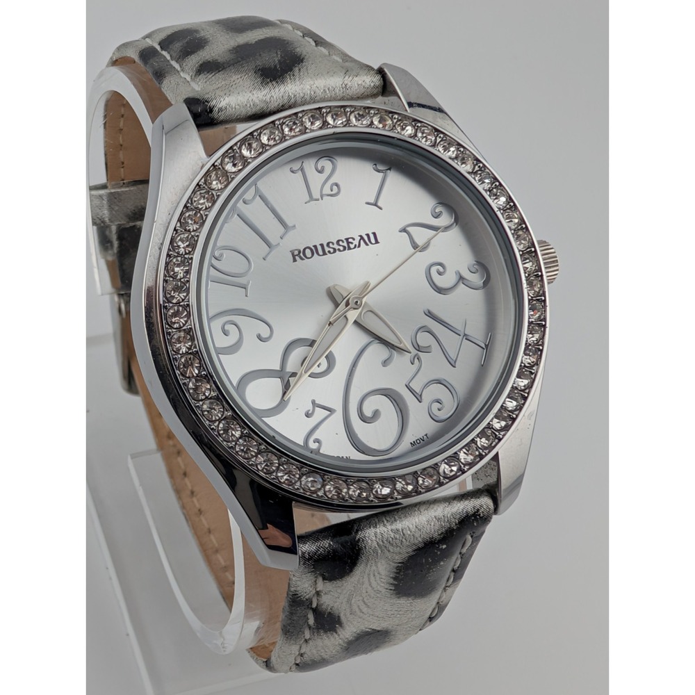 Rousseau Swarovski Crystal Bezel Watch Women 40mm Case Leopard Band- New Battery